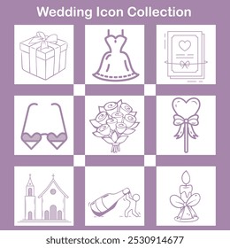 A wedding-themed icon set with hand-drawn illustrations featuring a gift, wedding dress, invitation, heart glasses, bouquet, love wand, church, champagne, and candle, symbolizing romance