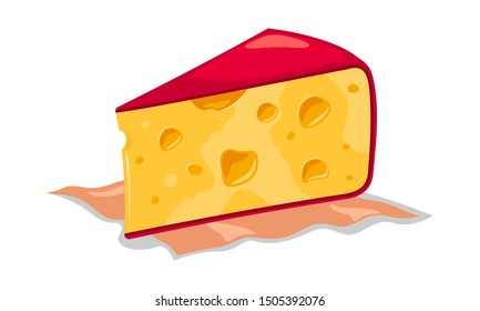 Wedge of appetizing creamy yellow holed semi hard cheese with red rind on napkin. Cheddar, maasdam, swiss, emmental. Organic food. Cartoon, realistic vector illustration isolated on white background.