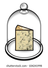 A wedge of blue cheese in a bell jar.