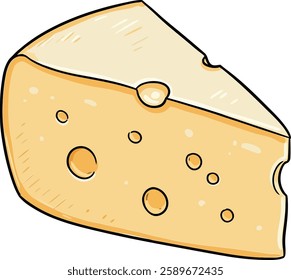 A wedge of cheese with a smooth surface and visible holes sits prominently, emphasizing its creamy texture and inviting appearance in this colorful vector illustration.