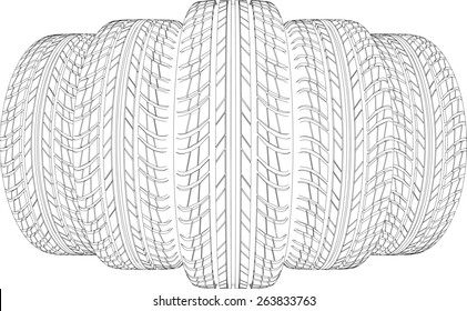 Wedge of five wire-frame tires. Vector illustration rendering of 3d