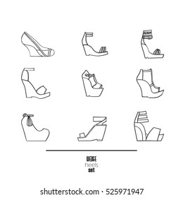 Wedge heels and sandals set. Vector illustration, hand drawn with black ink and isolated on white background. Fashion set with decorated with seam shoes on high wedges. Contemporary fashion collection