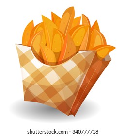 Wedge Potatoes In Box/
Illustration of cartoon wedge potatoes character with yellow striped carton package, for snack restaurant and takeaway food