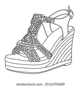 Wedge Sandals for Women Comfortable Strappy Platform Summer Shoes Line art, Technical sketch hand drawing outline vector doodle illustration 3D view isolated on white background