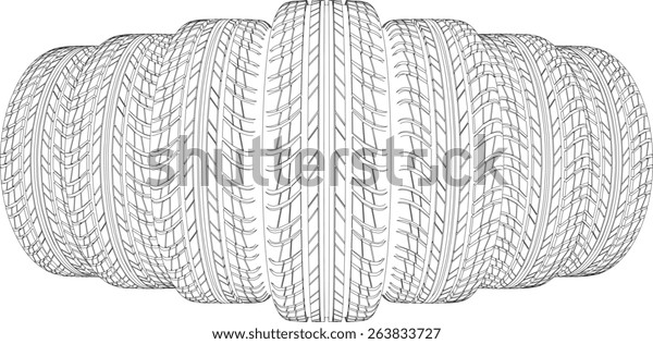 Wedge of seven wire-frame tires. Vector illustration\
rendering of 3d