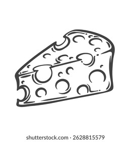 Wedge of swiss cheese with large holes in engraved doodle style. Hand drawn semi-hard dairy food. Vector illustration for packaging, label, or menu.