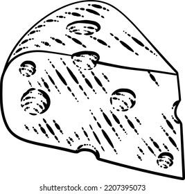 A wedge of Swiss cheese in a vintage woodcut etching style