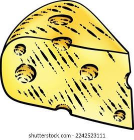 A wedge of Swiss cheese in a vintage woodcut etching style