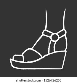 Wedges chalk icon. Woman stylish footwear design. Female casual shoes, summer sandals with platform heel side view. Fashionable and trendy clothing accessory. Isolated vector chalkboard illustration