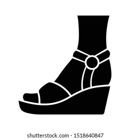 Wedges glyph icon. Woman stylish footwear. Female casual shoes, sandals with platform heel. Fashionable and trendy clothing accessory. Silhouette symbol. Negative space. Vector isolated illustration