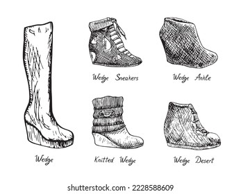 Wedge,Wedge sneakers, Wedge ankle, Knitted wedge, Wedge desert, isolated hand drawn outline doodle, sketch, black and white vector illustration with inscription set, collection