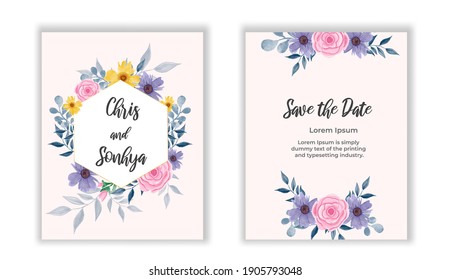 Wediing invitation card with decoration watercolor geometric background safe the date