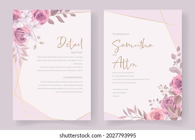 Weding card template design with pink rose flower ornament