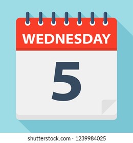 Wednesday 5 - Calendar Icon. Vector illustration of week day paper leaf.