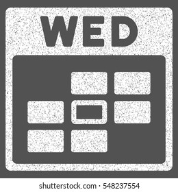 Wednesday Calendar Grid grainy textured icon for overlay watermark stamps. Flat symbol with dust texture. Dotted vector white ink rubber seal stamp with grunge design on a gray background.