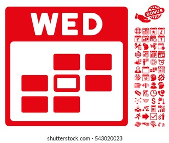 Wednesday Calendar Grid icon with bonus calendar and time management images. Vector illustration style is flat iconic symbols, red, white background.