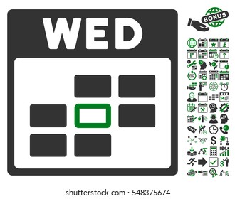 Wednesday Calendar Grid icon with bonus calendar and time management clip art. Vector illustration style is flat iconic symbols, green and gray, white background.