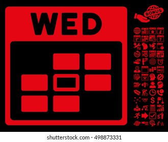 Wednesday Calendar Grid pictograph with bonus calendar and time management icon set. Vector illustration style is flat iconic symbols, red, black background.