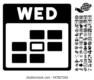 Wednesday Calendar Grid pictograph with bonus calendar and time management graphic icons. Vector illustration style is flat iconic symbols, black, white background.