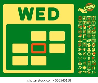 Wednesday Calendar Grid pictograph with bonus calendar and time management graphic icons. Vector illustration style is flat iconic symbols, orange and yellow, green background.
