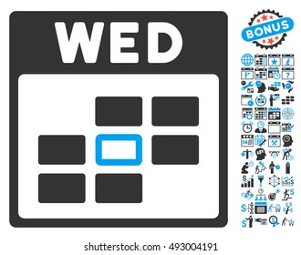 Wednesday Calendar Page icon with bonus calendar and time management clip art. Vector illustration style is flat iconic bicolor symbols, blue and gray colors, white background.
