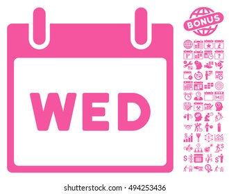 Wednesday Calendar Page icon with bonus calendar and time management pictogram. Vector illustration style is flat iconic symbols, pink color, white background.