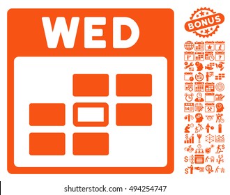 Wednesday Calendar Page icon with bonus calendar and time management pictogram. Vector illustration style is flat iconic symbols, orange color, white background.