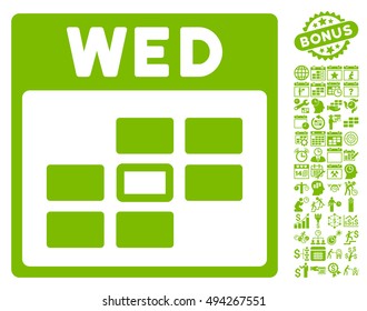 Wednesday Calendar Page icon with bonus calendar and time management pictograph collection. Vector illustration style is flat iconic symbols, eco green color, white background.