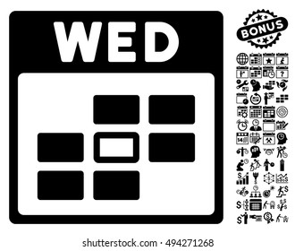 Wednesday Calendar Page icon with bonus calendar and time management pictures. Vector illustration style is flat iconic symbols, black color, white background.
