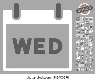 Wednesday Calendar Page icon with bonus calendar and time management pictures. Vector illustration style is flat iconic symbols, dark gray and white, silver background.