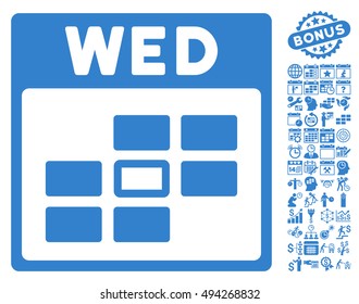 Wednesday Calendar Page pictograph with bonus calendar and time management symbols. Vector illustration style is flat iconic symbols, cobalt color, white background.