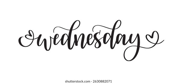 Wednesday hand-written script with hearts. Days of the week for stories, posts, scrapbooking and wall art. Journalling and planners. Vector design