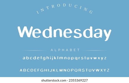 Wednesday Lettering font isolated on black background. Texture alphabet in street art and graffiti style. Grunge and dirty effect.  Vector brush letters.