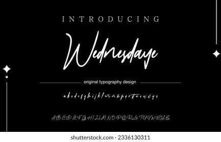 Wednesday Lettering signature font isolated on grey background. brus style alphabet. Vector logo letters.