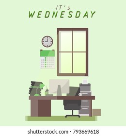 it's Wednesday office interior room,flat design,light tone,cute cartoon vector illustration,design graphic,green theme