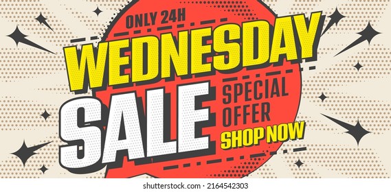 Wednesday sale promotion. Important information announcing special offer discount. Retail marketing material vector illustration. Comic popart retro style design