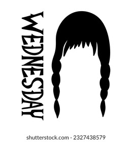 Wednesday. Silhouette gothic girl with two braids hairstyle. Vector hand drawing and lettering isolated on white background 