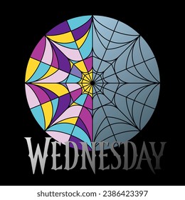 Wednesday stained glass window background. Stained glass window in the form of a web with divided halves. The concept of good and evil. Multi-colored window with rainbow mosaic. Vector illustration