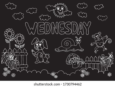 Wednesday text and nature. Cartoon set for planner design.