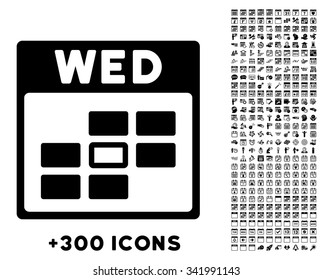 Wednesday vector pictogram with additional 300 date and time management icons. Style is flat symbols, black color, rounded angles, white background.