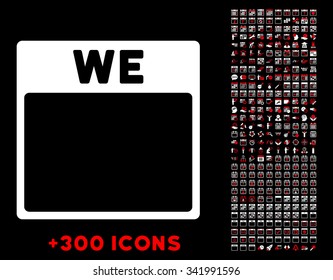 Wednesday vector pictogram with additional 300 date and time management icons. Style is bicolor flat symbols, red and white colors, rounded angles, black background.