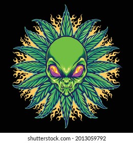 Weed Alien Cannabis Mandala with Fire Vector illustrations for your work Logo, mascot merchandise t-shirt, stickers and Label designs, poster, greeting cards advertising business company or brands.