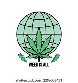 Unkraut ist alles. Cannabis Welt mit Strahlen. Grüne Welt. Cannabisblatt. Green thc, cbd, Vektorgrafik