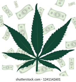 Weed Art Cannabis Leaf On Money Background Vector Illustration