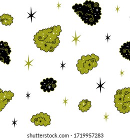 Weed background. Cannabis seamless vector pattern. Fun doodle illustration of marijuana buds and stars.