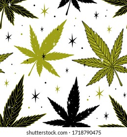 Weed Background. Fun Doodle Seamless Vector Pattern With Marijuana Leaves And Stars.