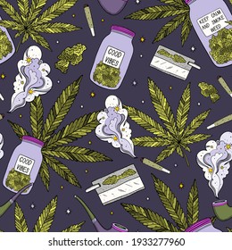 Weed Background. Marijuana Seamless Vector Pattern. Drug Consumption, Cannabis And Smoking Drugs. Fun Doodle Illustration Of Smoking Equipment.