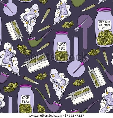Weed background. Marijuana seamless vector pattern. Drug consumption, cannabis and smoking drugs. Fun doodle illustration of smoking equipment.