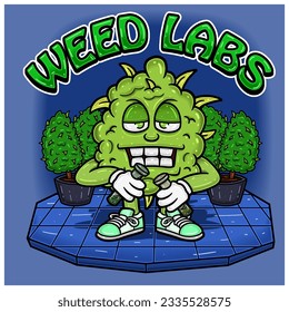 Weed Bud With Bongs In Floor Characters Cartoon. For Mascot Logo, Tshirt Design, Business, Cover, Label and Packaging Product. Vector and Illustrations.