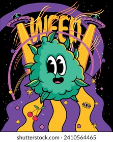 Weed bud character in the space with spaceship, stars and planets, lsd journey in the galaxy. Aliens in the stars around the world. Juicy weed. Juicy and Trippy. Cannabis design concept free vector. A